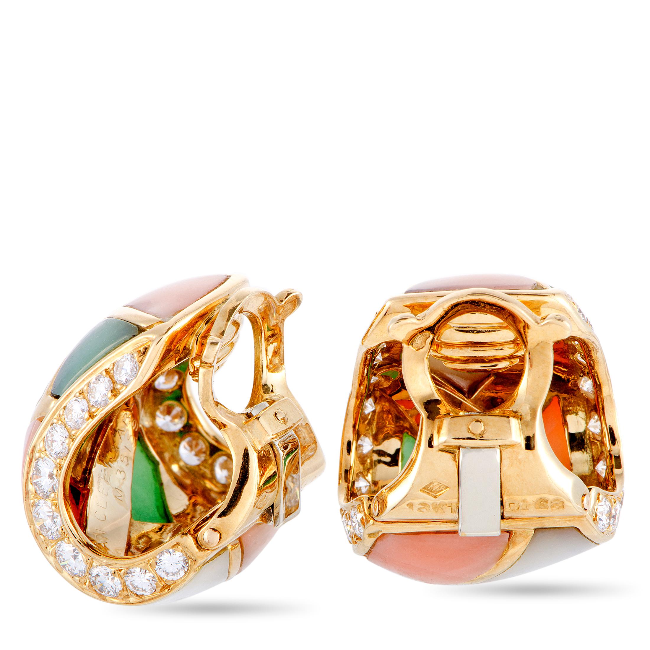 These very rare vintage earrings from Van Cleef & Arpels are crafted from 18K yellow gold and each of the two weighs 12.1 grams. The pair is set with mother of pearl, coral, chrysoprase, and a total of 1.68 carats of diamonds. The earrings measure