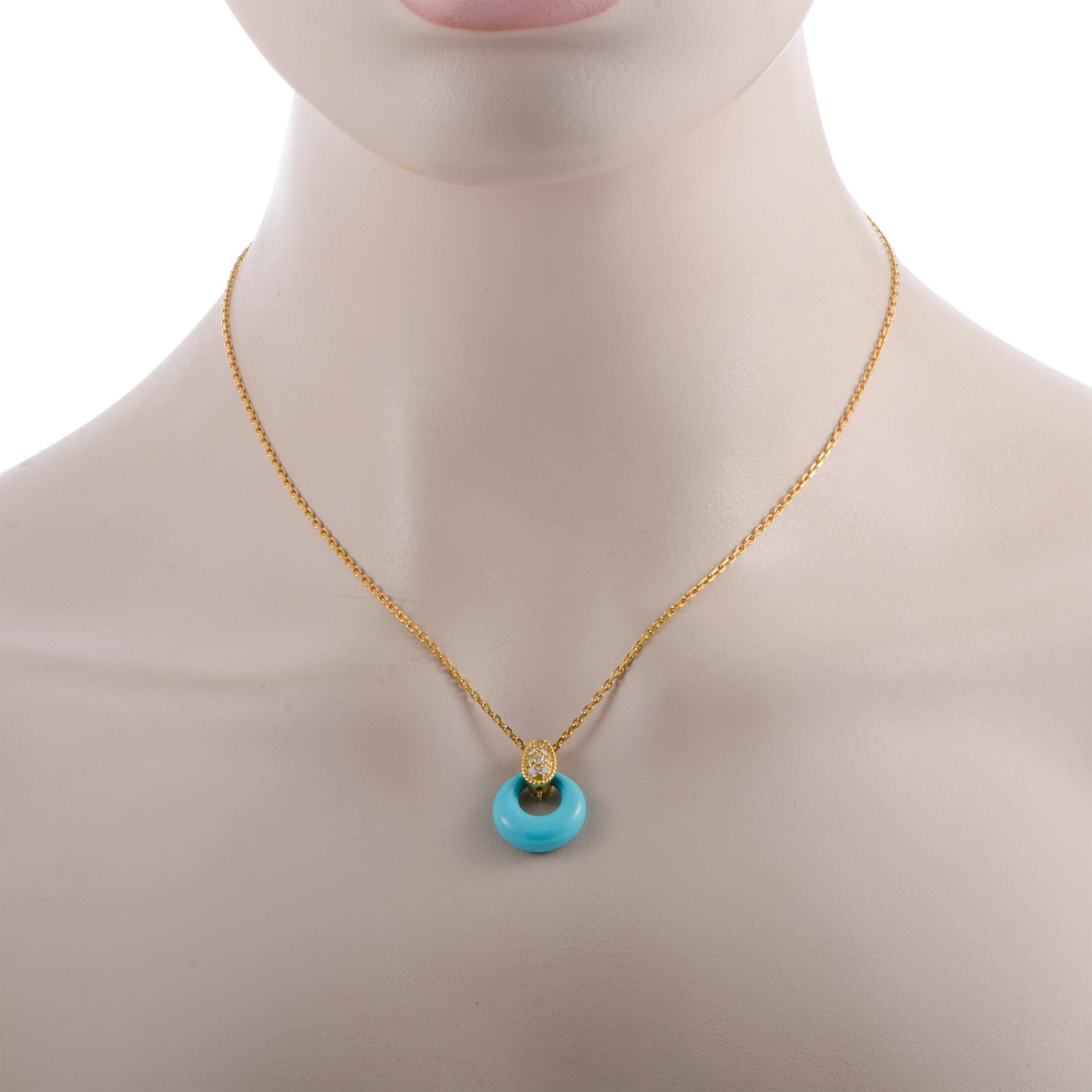 Van Cleef & Arpels Vintage Diamond Pave Turquoise Yellow Gold Pendant Necklace In Excellent Condition In Southampton, PA