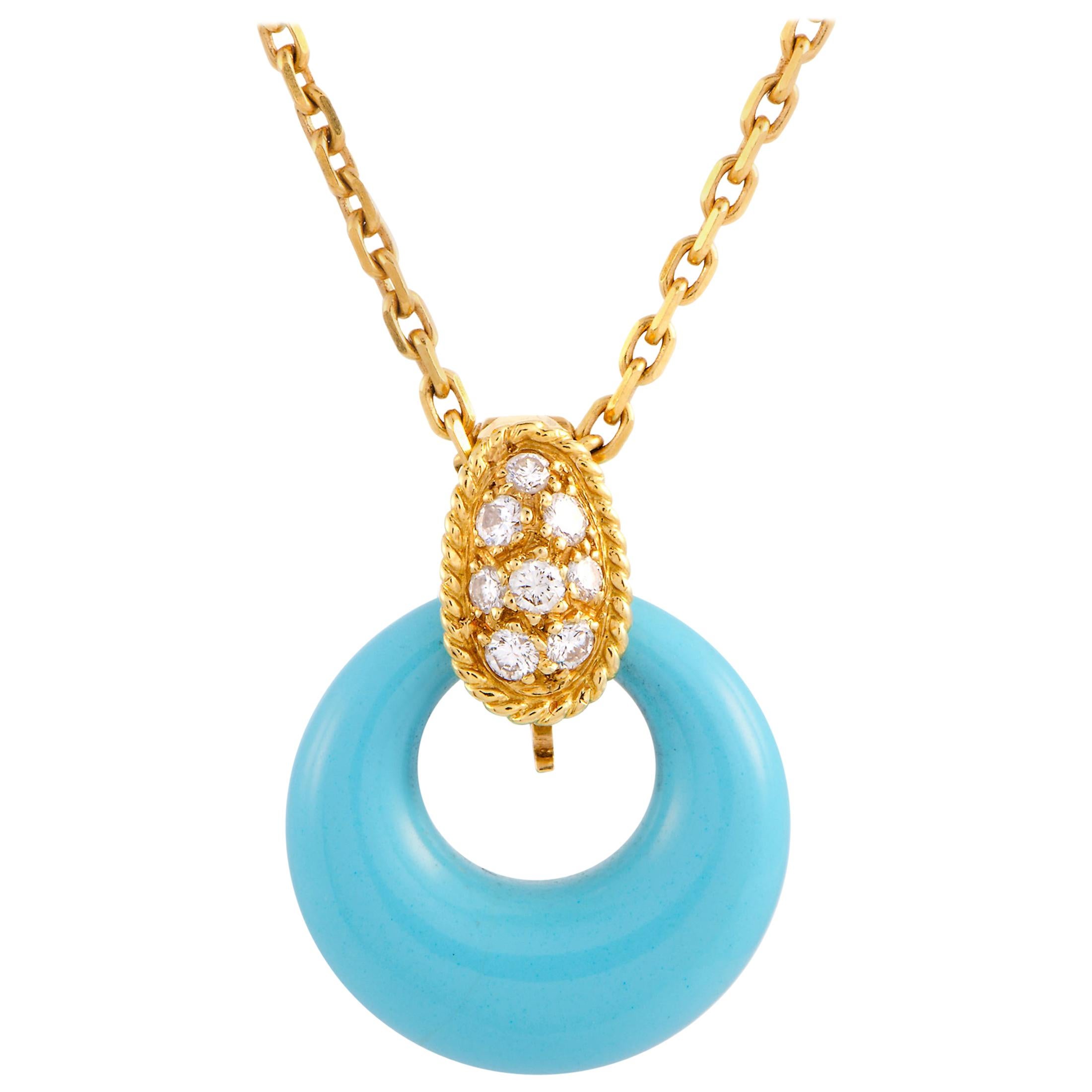 Van Cleef & Arpels Vintage Diamond Pave Turquoise Yellow Gold Pendant Necklace
