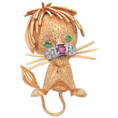 Van Cleef & Arpels Vintage Diamond Ruby Emerald Young Lion Yellow Gold Brooch