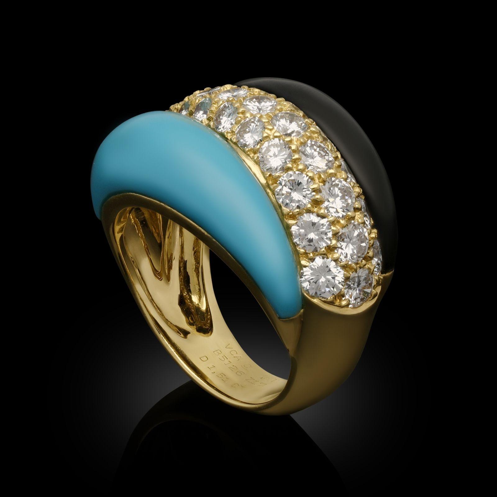 A stylish diamond, onyx and turquoise dress ring by Van Cleef & Arpels c.1990s, the ring of rounded bombe form and asymmetric design composed of three tapered sections one on top of the next, the central section pavé set with round brilliant