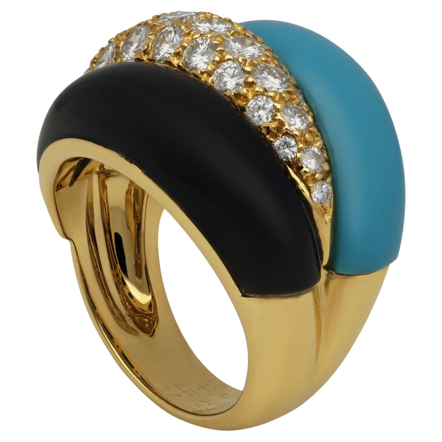 Van Cleef & Arpels Vintage Diamond, Turquoise and Onyx Dress Ring, circa 1990s For Sale