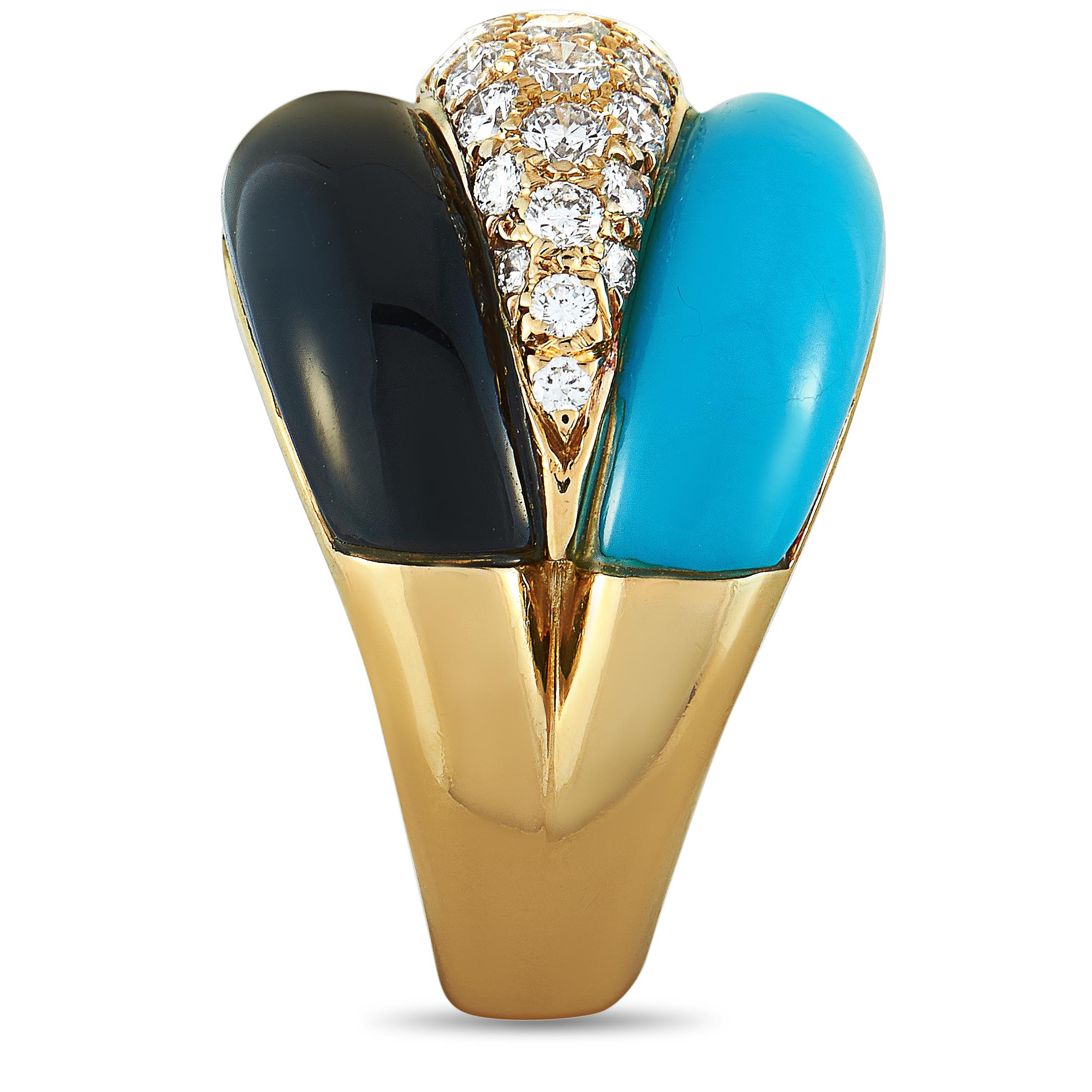 Van Cleef & Arpels Vintage Diamond, Turquoise and Onyx Yellow Gold Ring In Excellent Condition In Southampton, PA