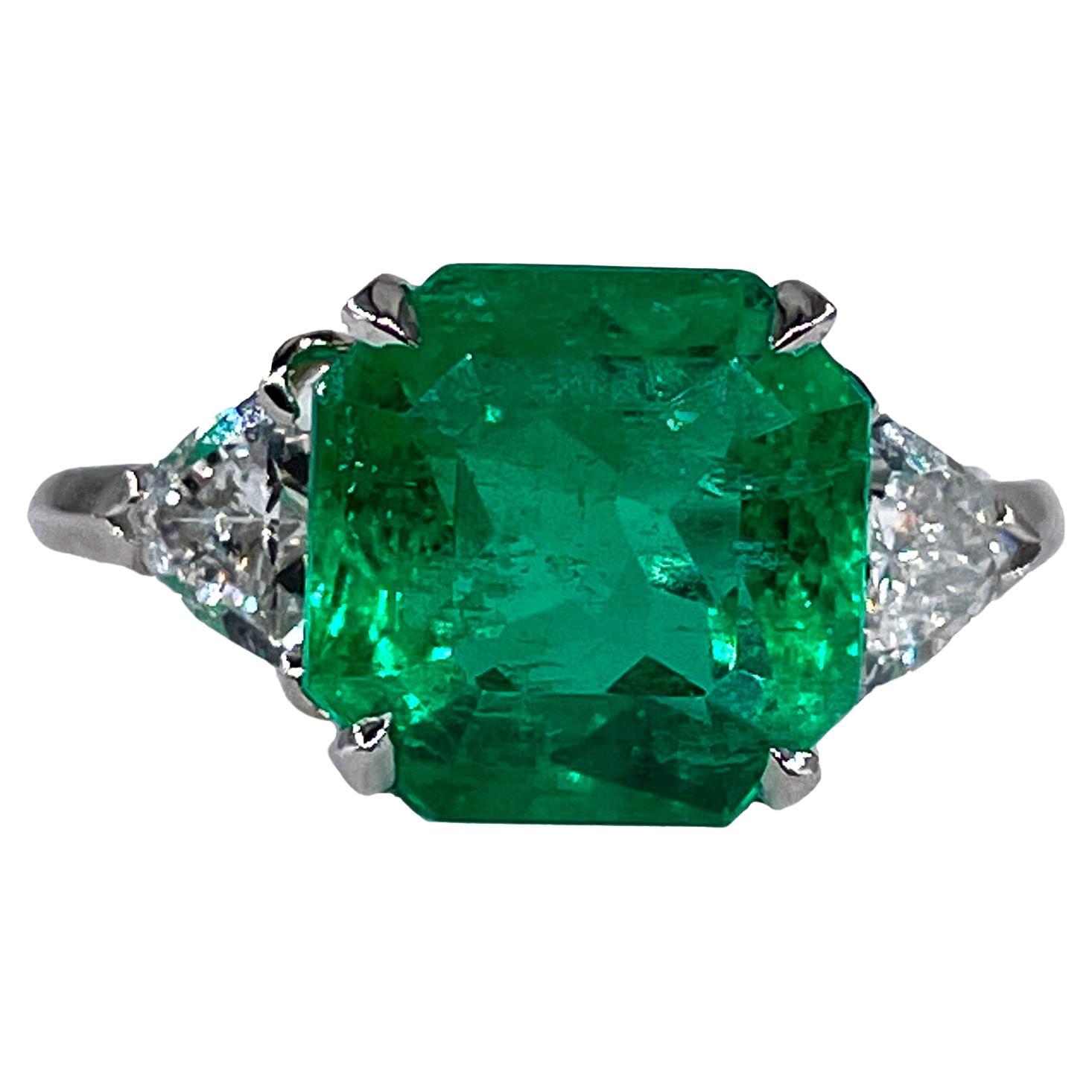 Van Cleef & Arpels Vintage GIA 5.28ct Colombian Emerald & Diamond Platinum Ring 