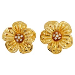 Van Cleef & Arpels Vintage Gold Diamond Magnolia Clip-On Earrings