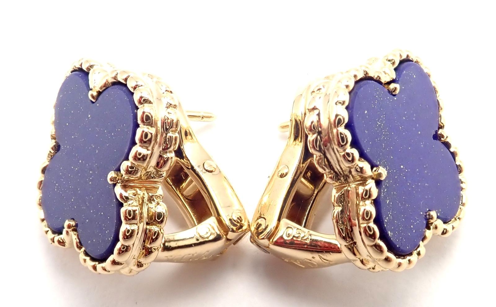Van Cleef & Arpels Vintage Lapis Lazuli Alhambra Yellow Gold Earrings For Sale 5