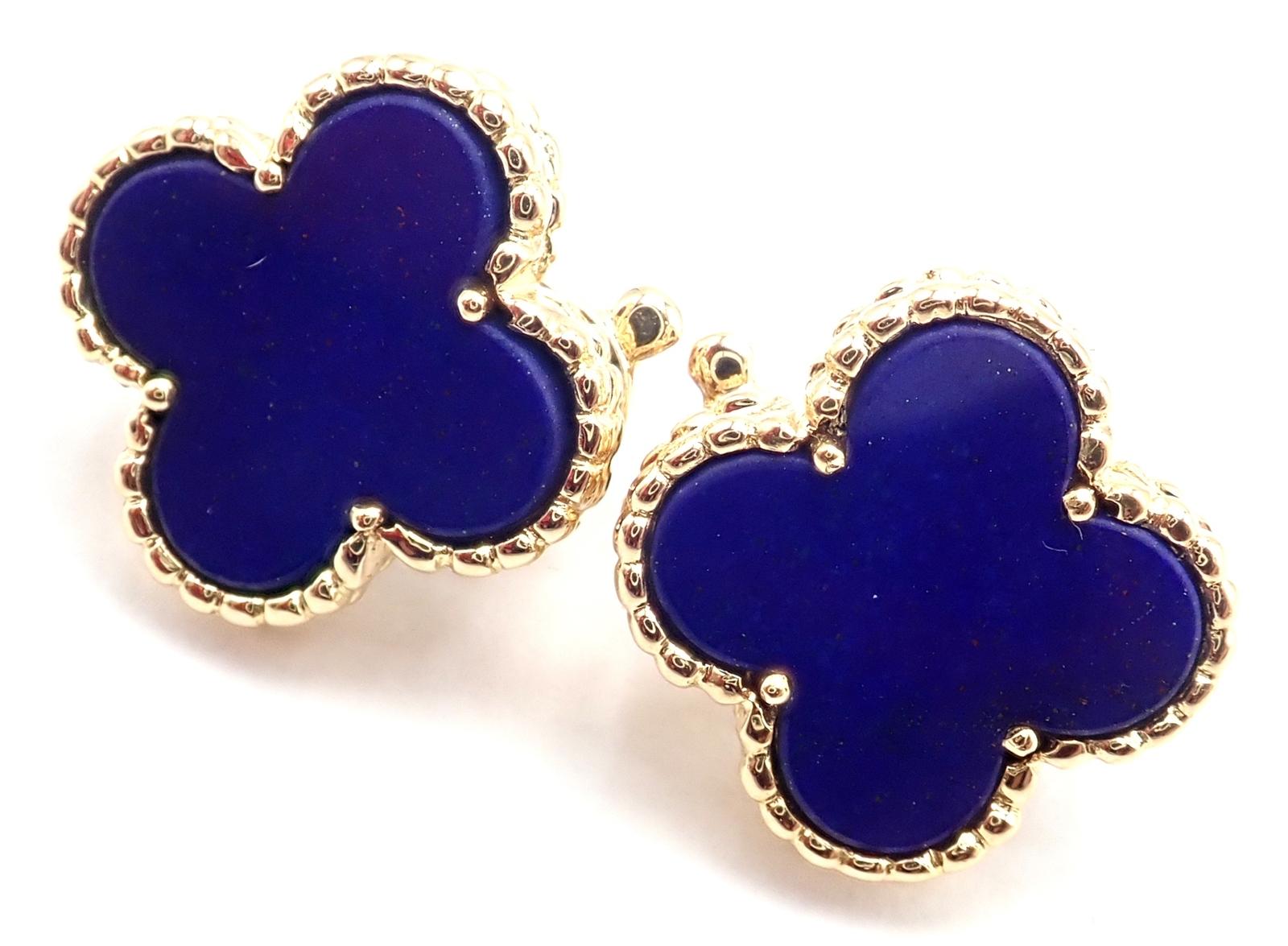 Van Cleef & Arpels Vintage Lapis Lazuli Alhambra Yellow Gold Earrings For Sale 6