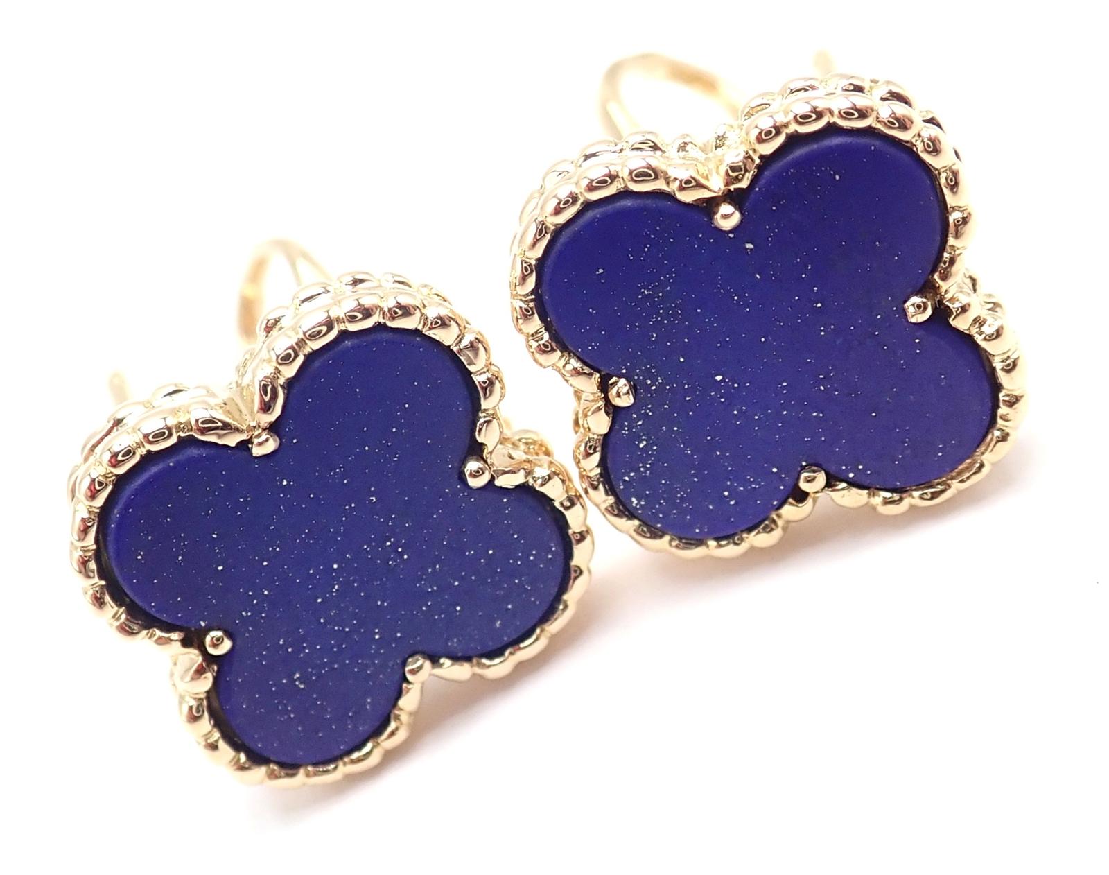 Van Cleef & Arpels Vintage Lapis Lazuli Alhambra Yellow Gold Earrings For Sale 7