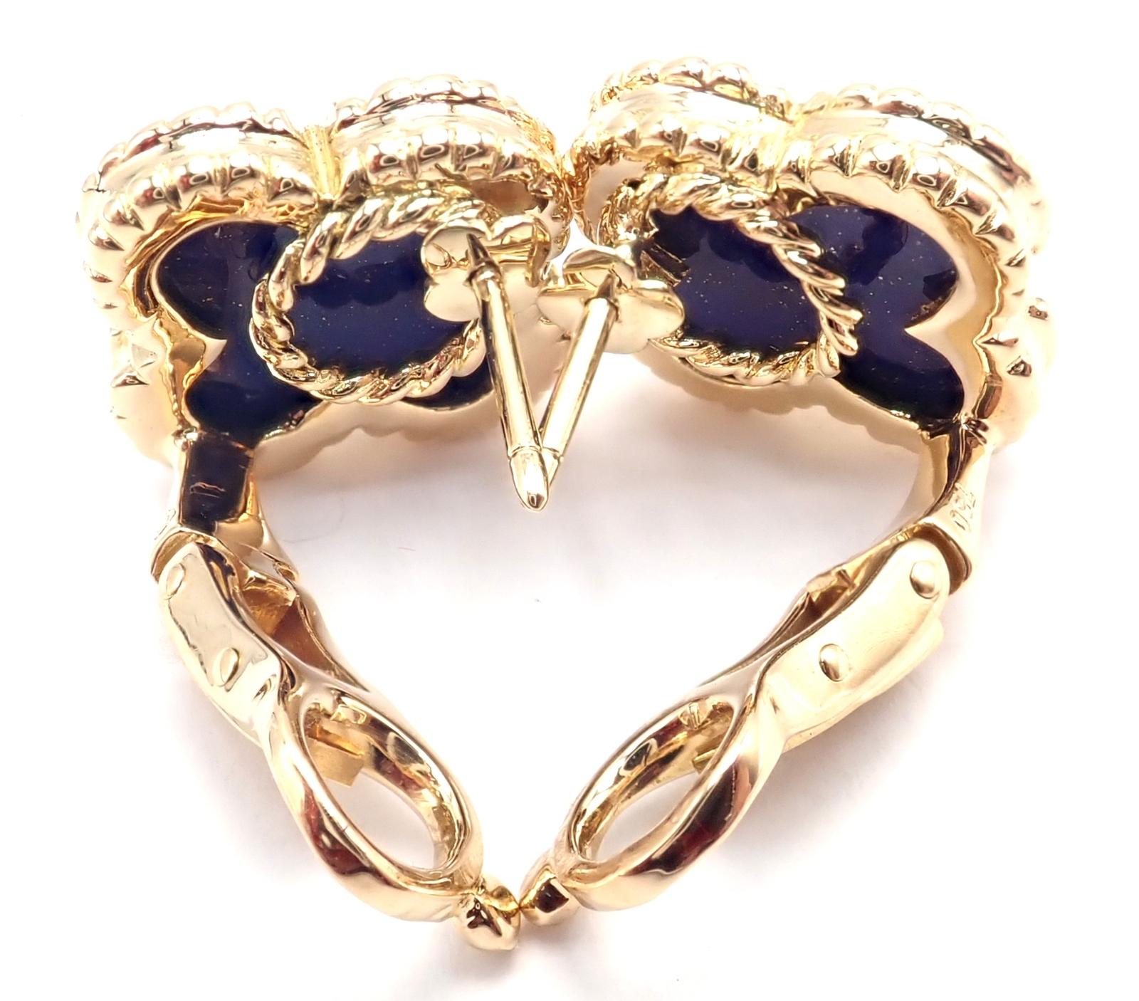 18k Yellow Gold Vintage Alhambra Lapis Lazuli Earrings by Van Cleef & Arpels.  
With 2 lapis lazuli alhambra shape stones: 15mm each. 
These earrings are for pierced ears.  
These rare earrings from Van Cleef & Arpels are part of the prestigious