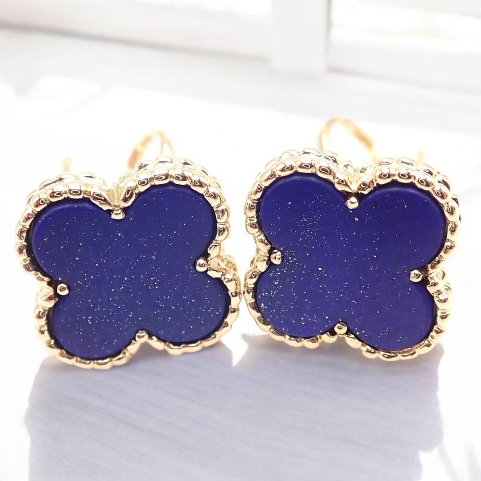 Uncut Van Cleef & Arpels Vintage Lapis Lazuli Alhambra Yellow Gold Earrings For Sale