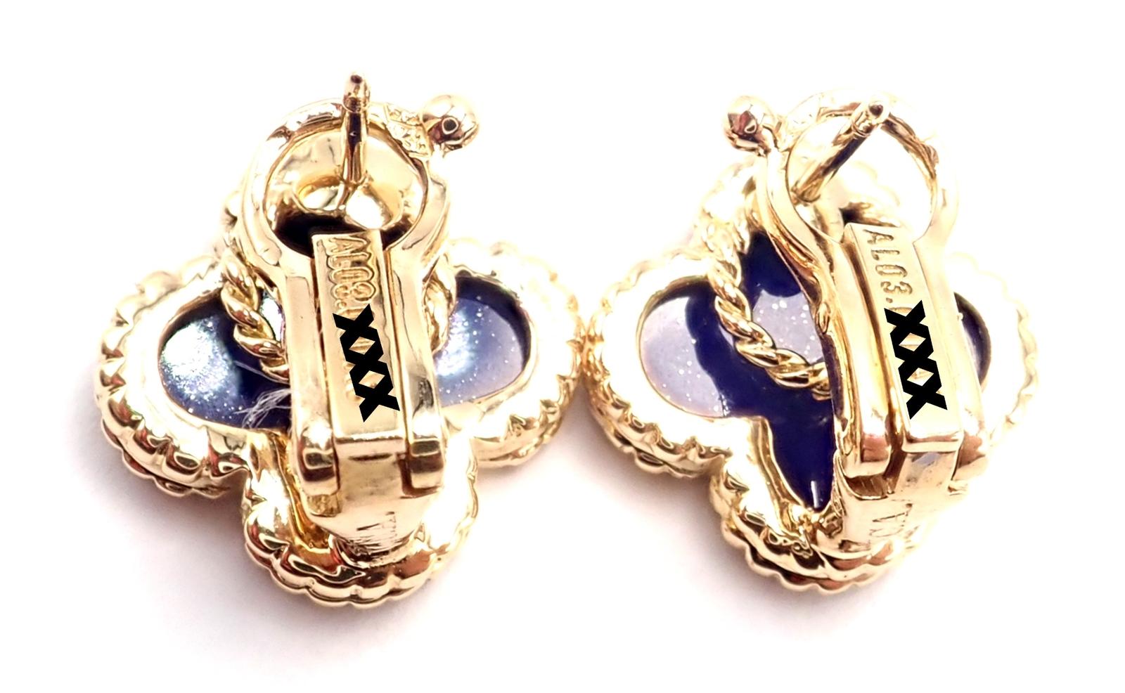 Van Cleef & Arpels Vintage Lapis Lazuli Alhambra Yellow Gold Earrings For Sale 3