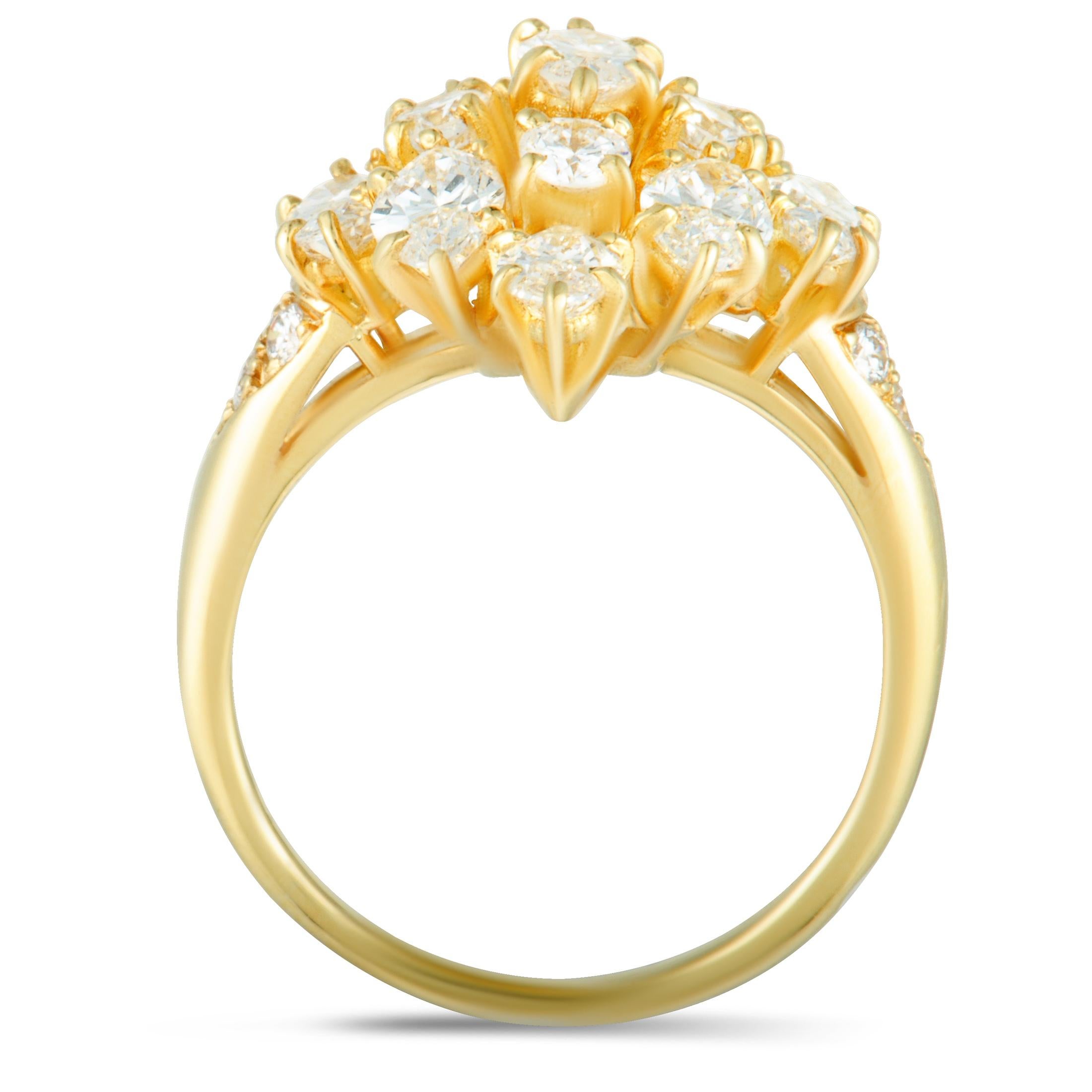 A beautifully opulent appearance is featured in this glamorous ring by Van Cleef & Arpels. The stunning ring is gorgeously crafted from the prestigious shimmer of 18K yellow gold and adorned with 3.06ct of lustrous F-color, VS1 clarity