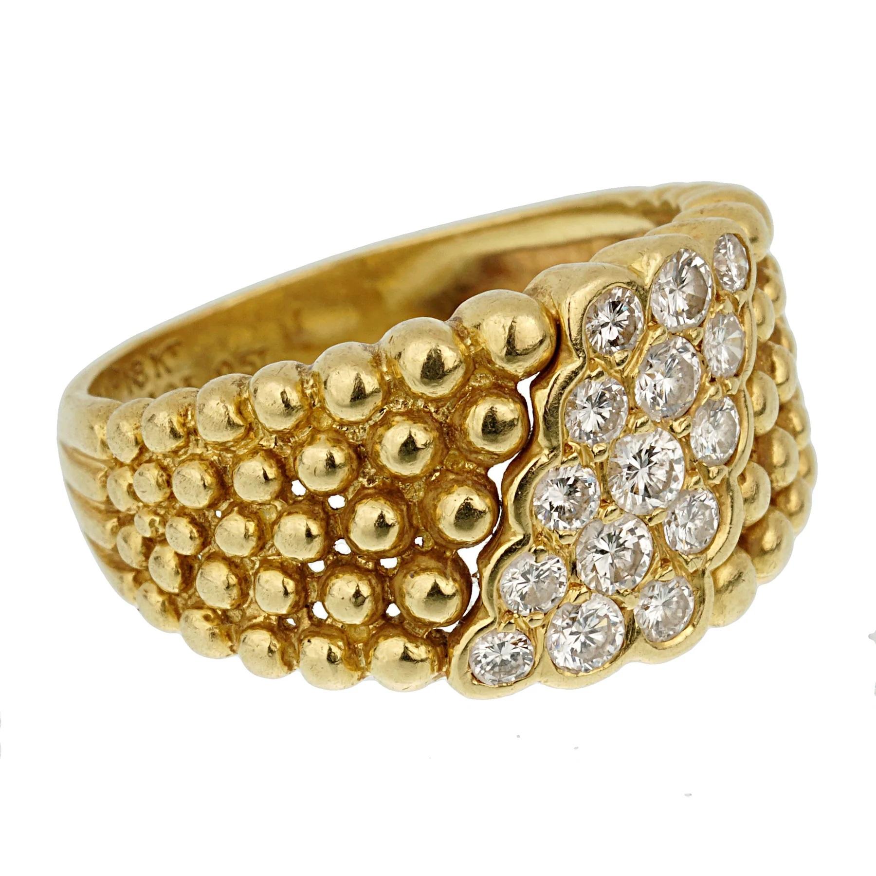 Round Cut Van Cleef & Arpels Vintage Perlee Yellow Gold Cocktail Ring For Sale