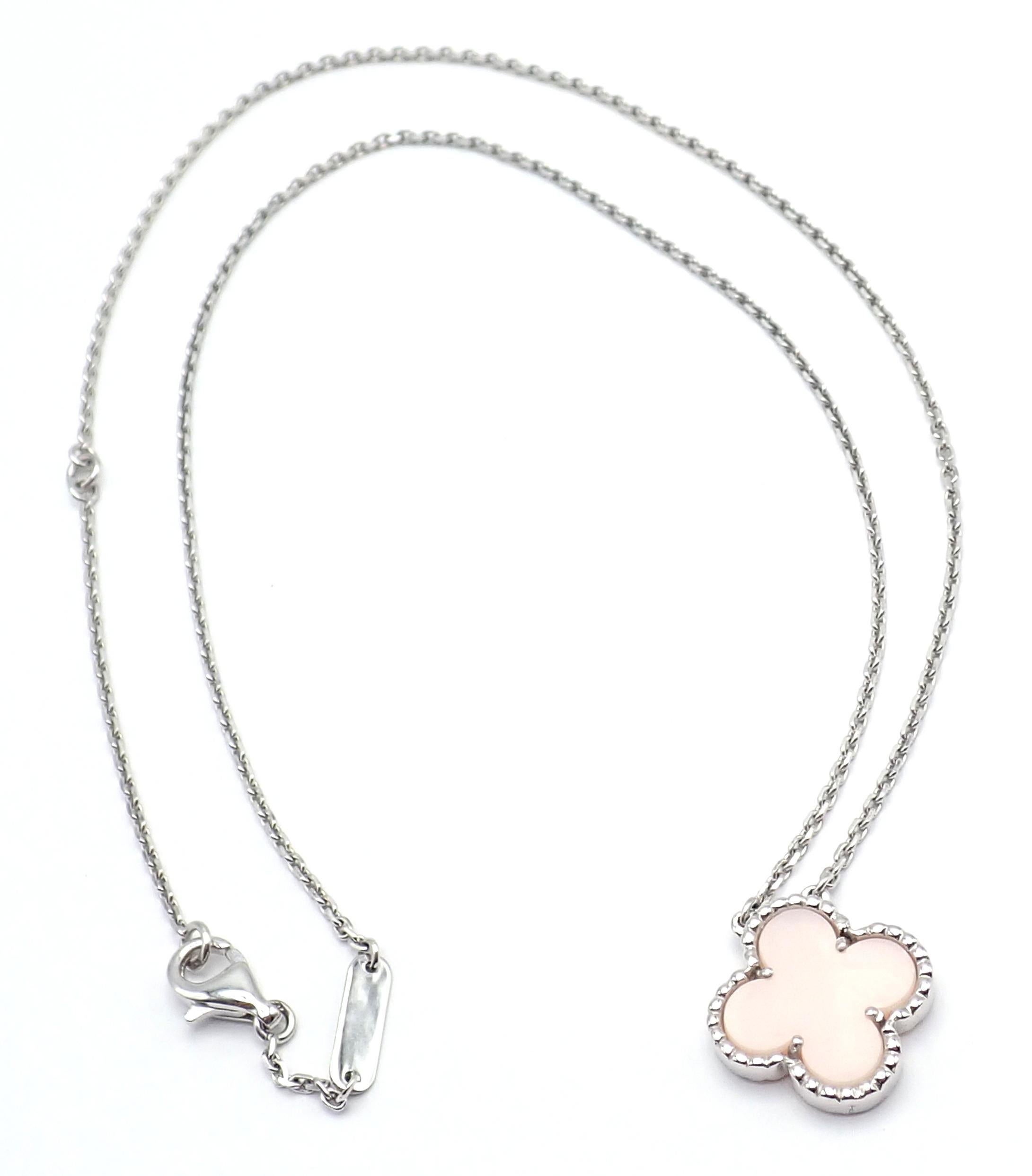 18k White Gold Vintage Alhambra Pink Opal Necklace By Van Cleef & Arpels.
With 1 alhambra shape pink opal stone: 15mm.
This necklace comes with Van Cleef & Arpels certificate of authenticity.
 Details:
 Length: 16.75