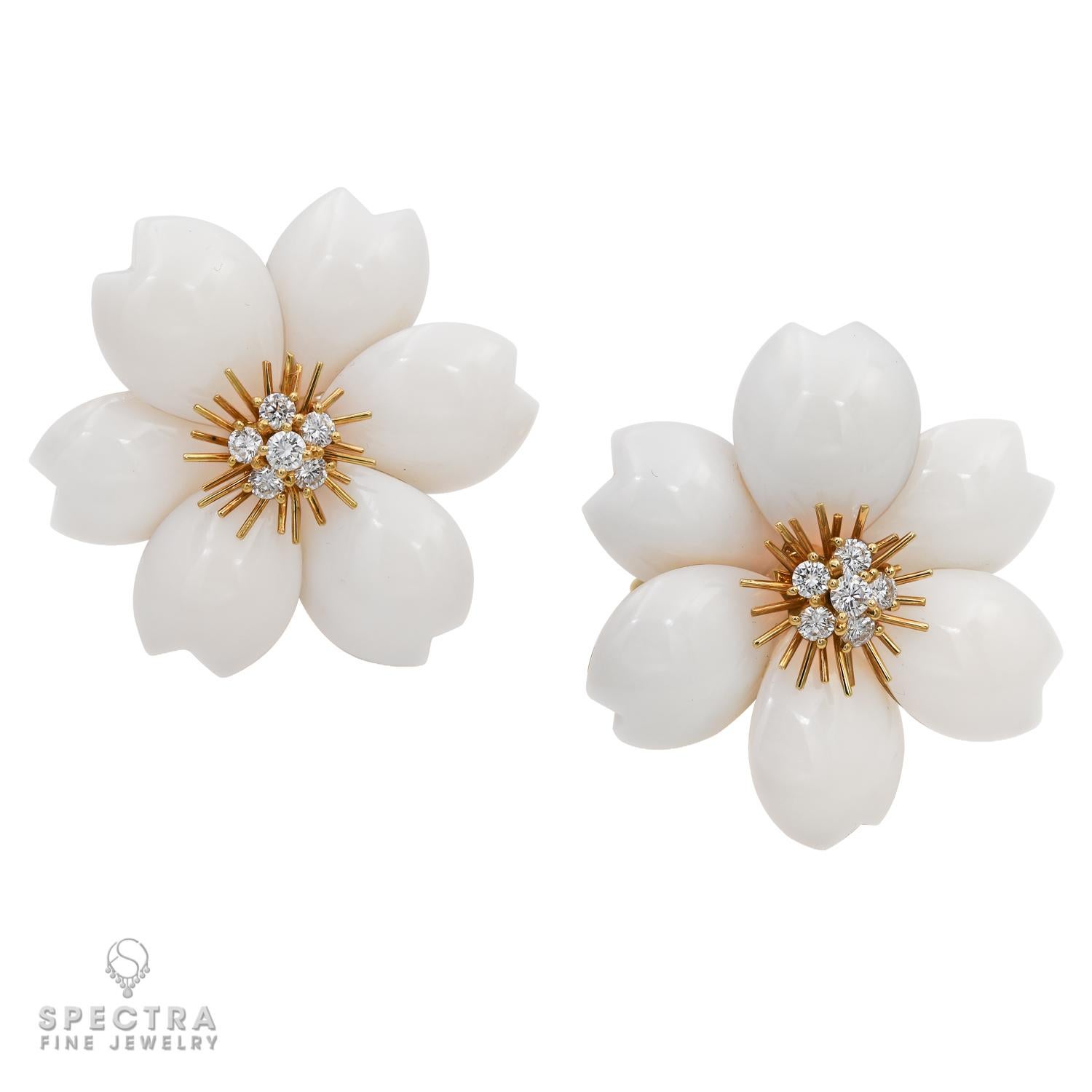 Mixed Cut Van Cleef & Arpels Vintage 'Rose de Noel' White Coral Diamond Earrings For Sale