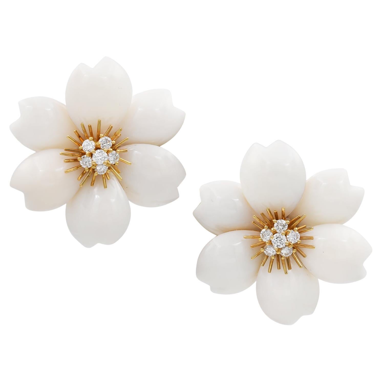Van Cleef & Arpels Vintage 'Rose de Noel' White Coral Diamond Earrings For Sale
