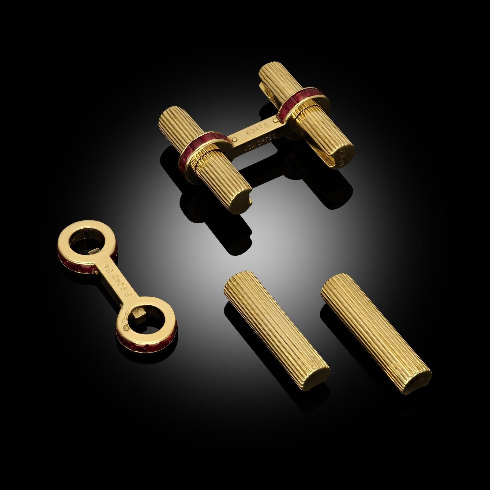 Baguette Cut Van Cleef & Arpels Vintage Ruby and 18ct Yellow Gold Baton Cufflinks For Sale