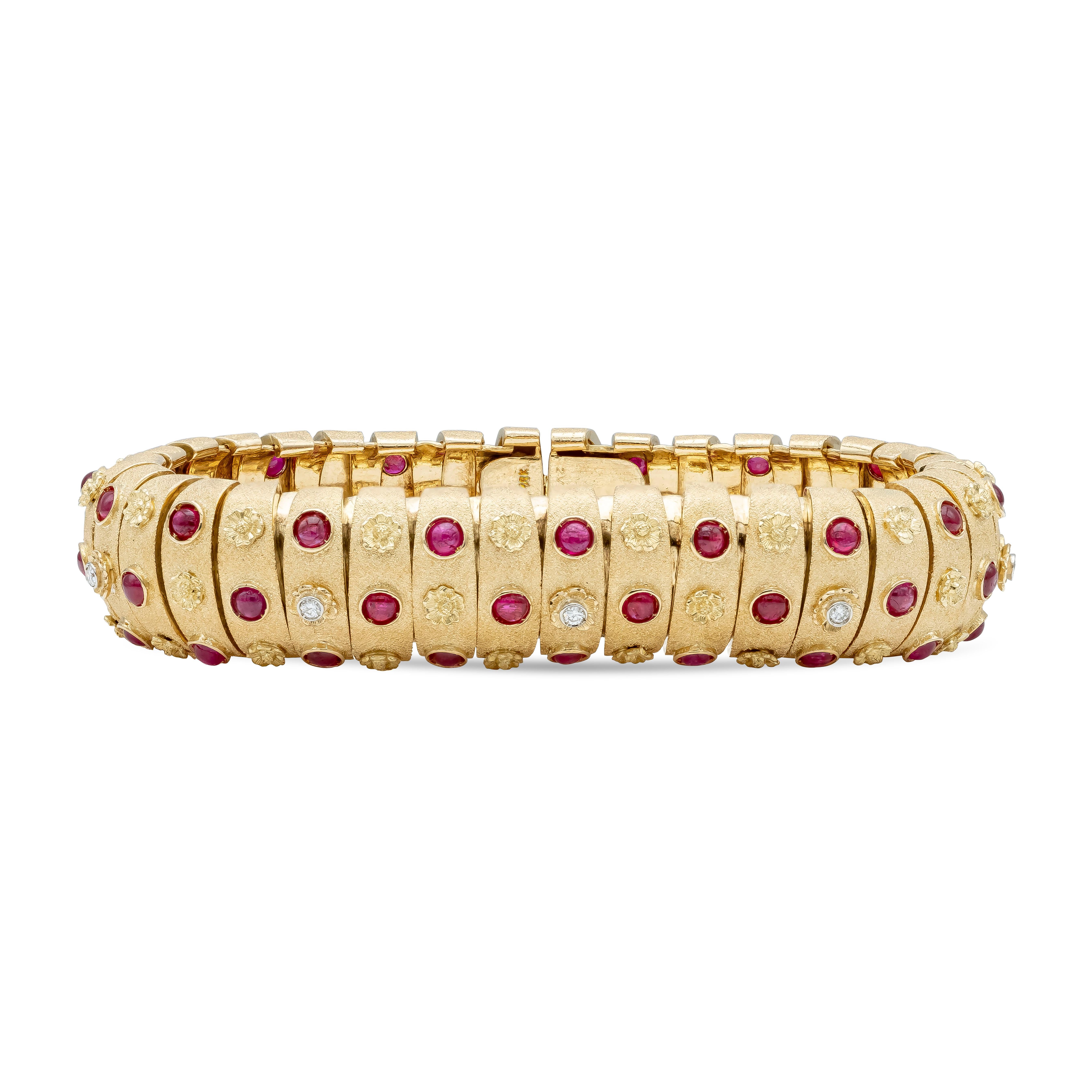 This ravishing vintage gold bracelet from Van Cleef & Arpels features a solid 18K Yellow Gold Bracelet with Cabochon Rubies weighing 10.80 carats total, and Round White Diamonds weighing 0.35 carats. Elegantly alternates with a flower embossed