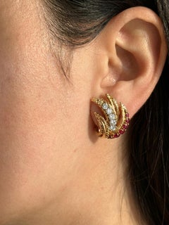 Van Cleef & Arpels Vintage Ruby Diamond 18K Yellow Gold Leaf Clip Earrings