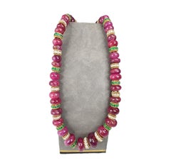 Van Cleef & Arpels Vintage Style Ruby Beads, Emerald & Diamond Necklace 18K Gold
