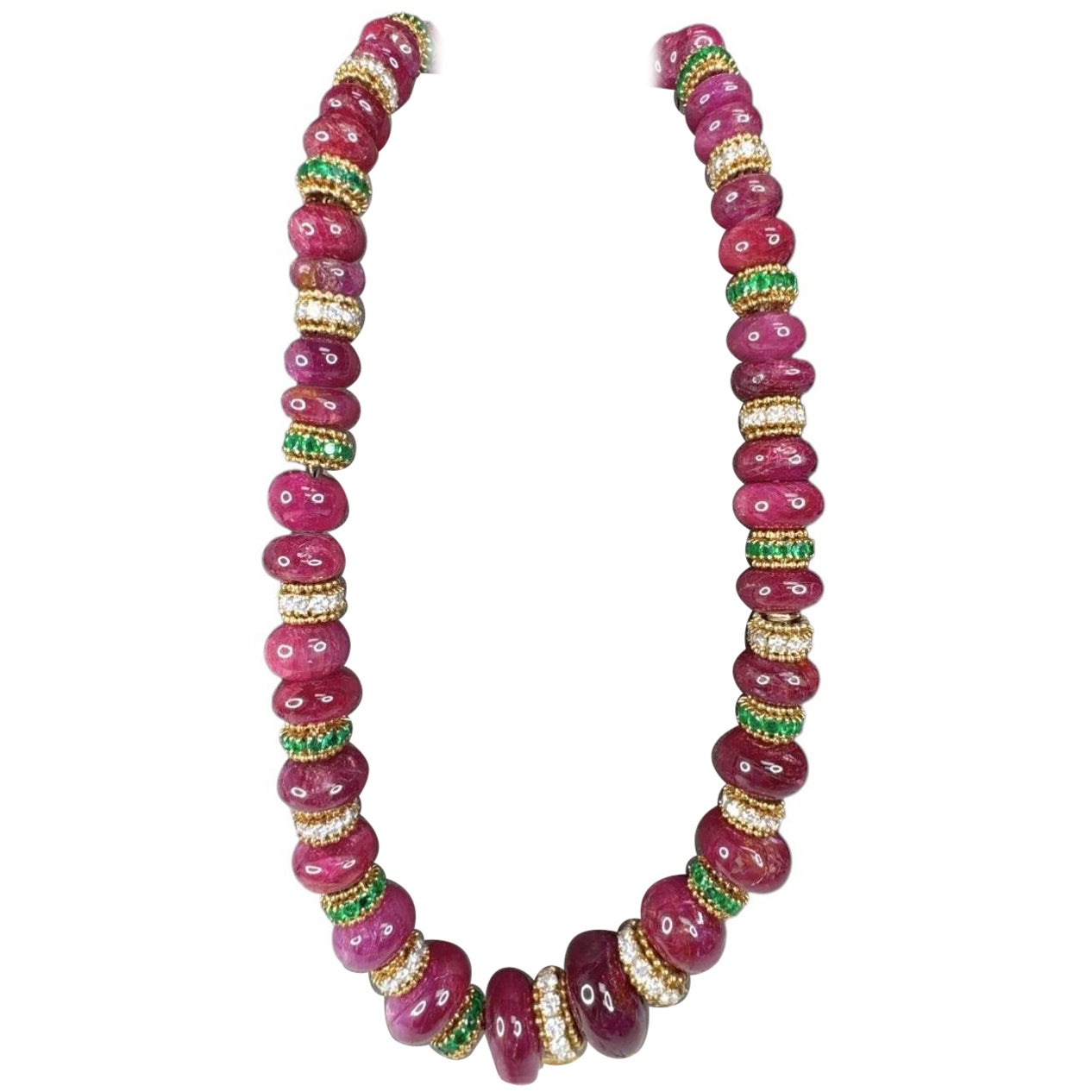 Van Cleef & Arpels Vintage Style Ruby Beads, Emerald & Diamond Necklace 18K Gold For Sale