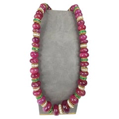 Van Cleef & Arpels Vintage Style Ruby Beads, Emerald & Diamond Necklace 18K Gold