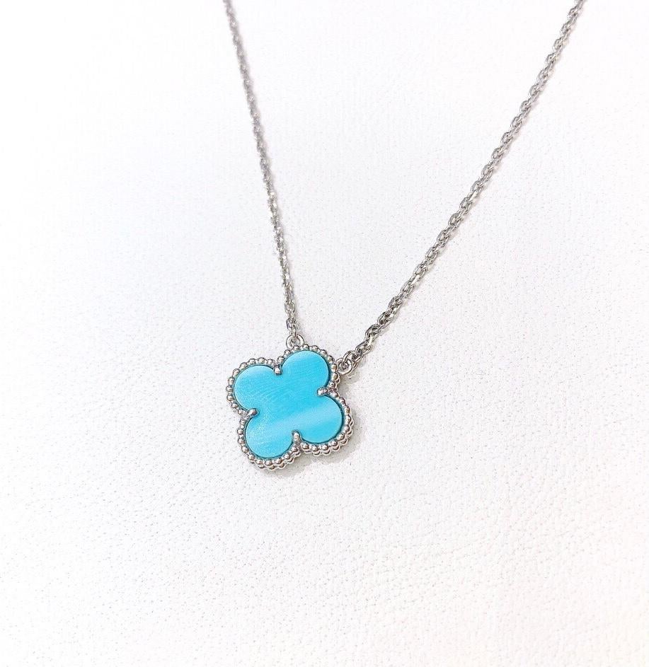 Uncut Van Cleef & Arpels Vintage Turquoise Alhambra Pendant Necklace in 18k White Gold