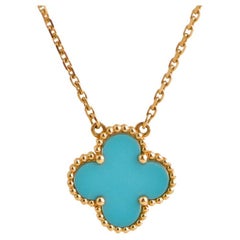 Van Cleef & Arpels Vintage Turquoise Alhambra Yellow Gold Pendant Necklace
