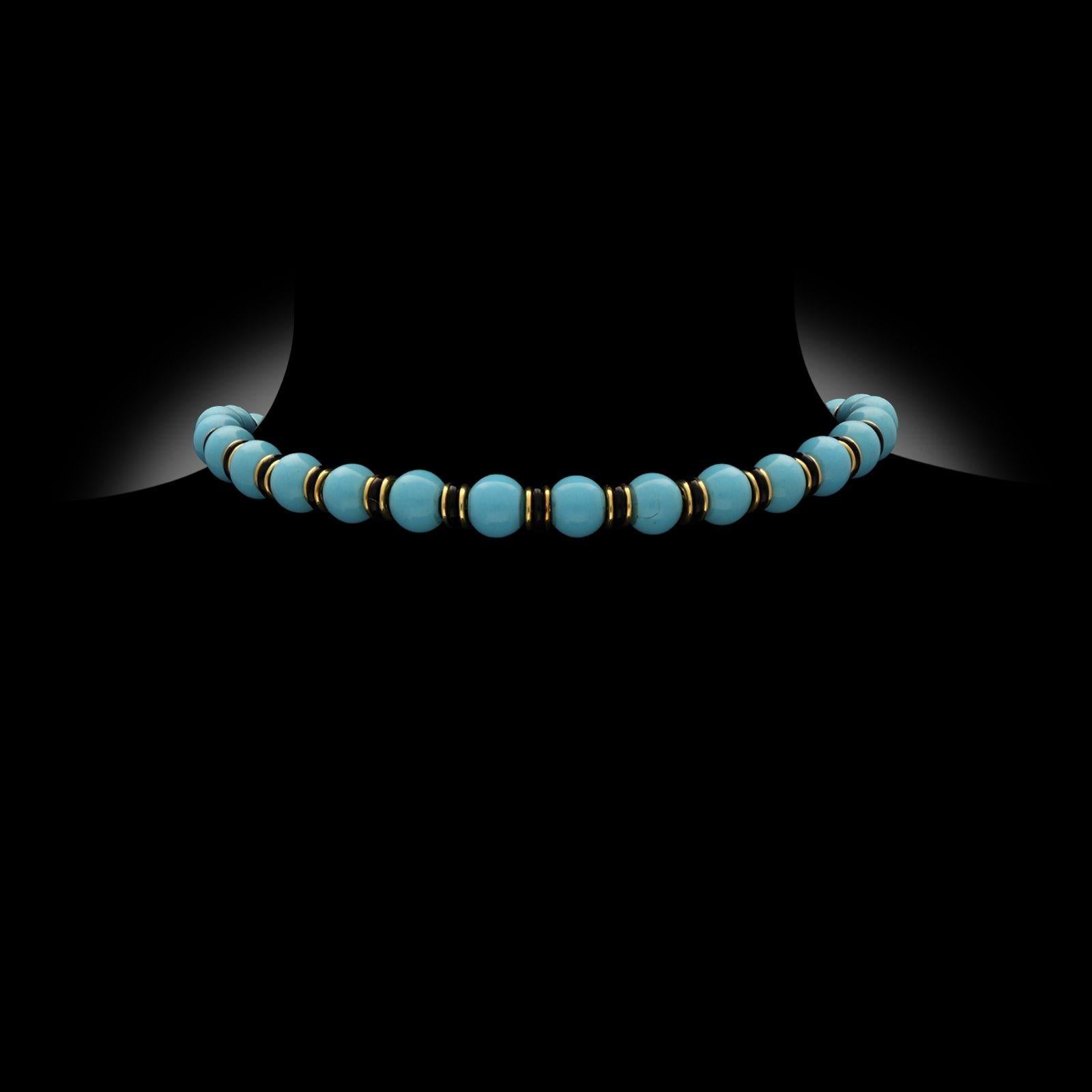 Bead Van Cleef & Arpels Vintage Turquoise, Onyx and 18ct Yellow Gold Necklace Ca1965 For Sale