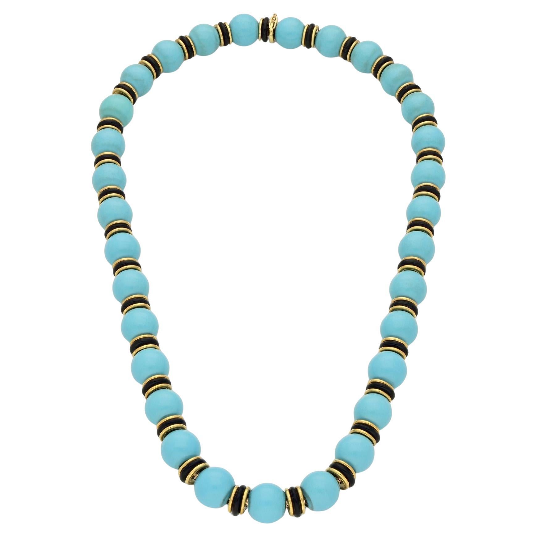 Van Cleef & Arpels Vintage Turquoise, Onyx and 18ct Yellow Gold Necklace Ca1965 For Sale