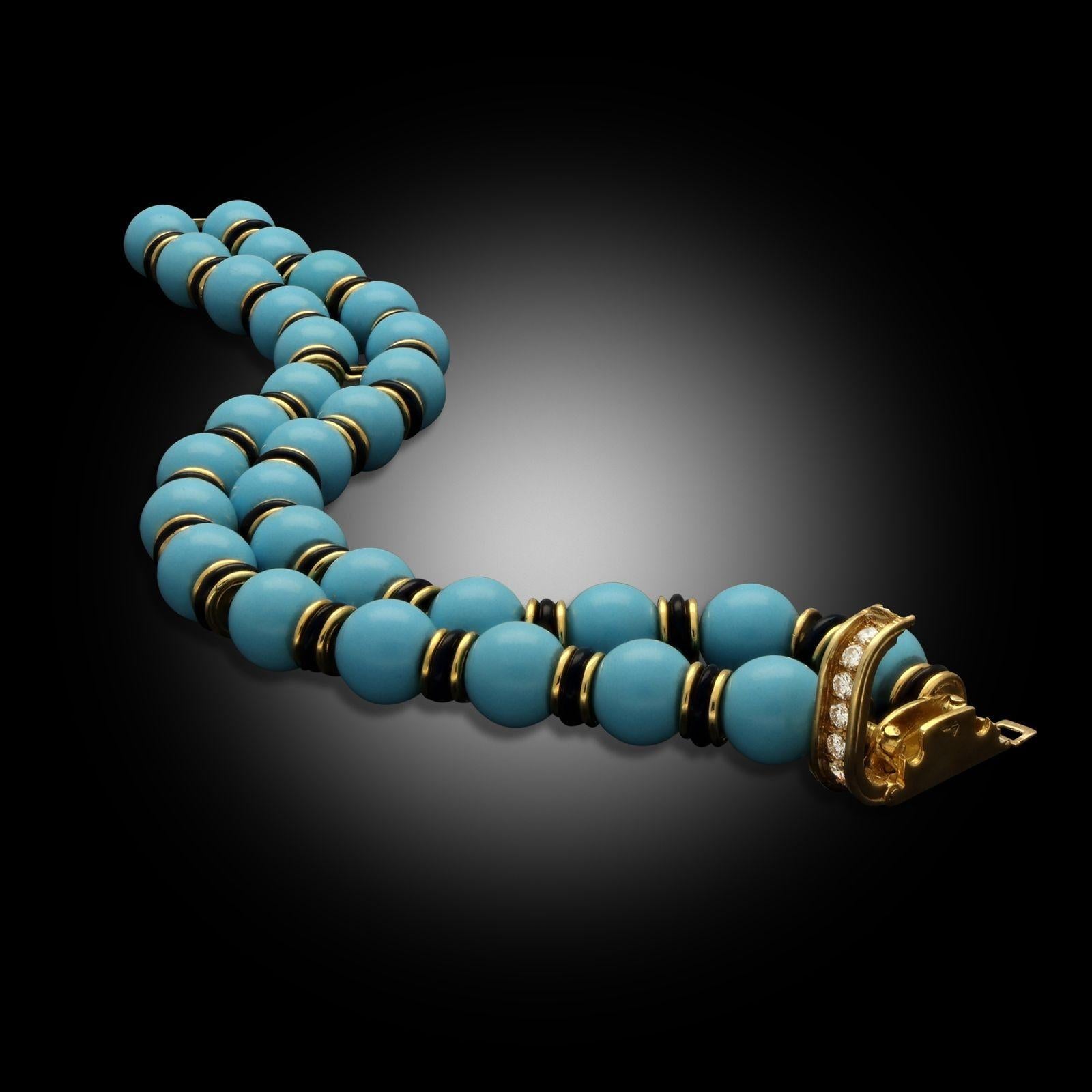 Bead Van Cleef & Arpels Vintage Turquoise, Onyx, Diamond & Gold Bracelet Circa 1965 For Sale
