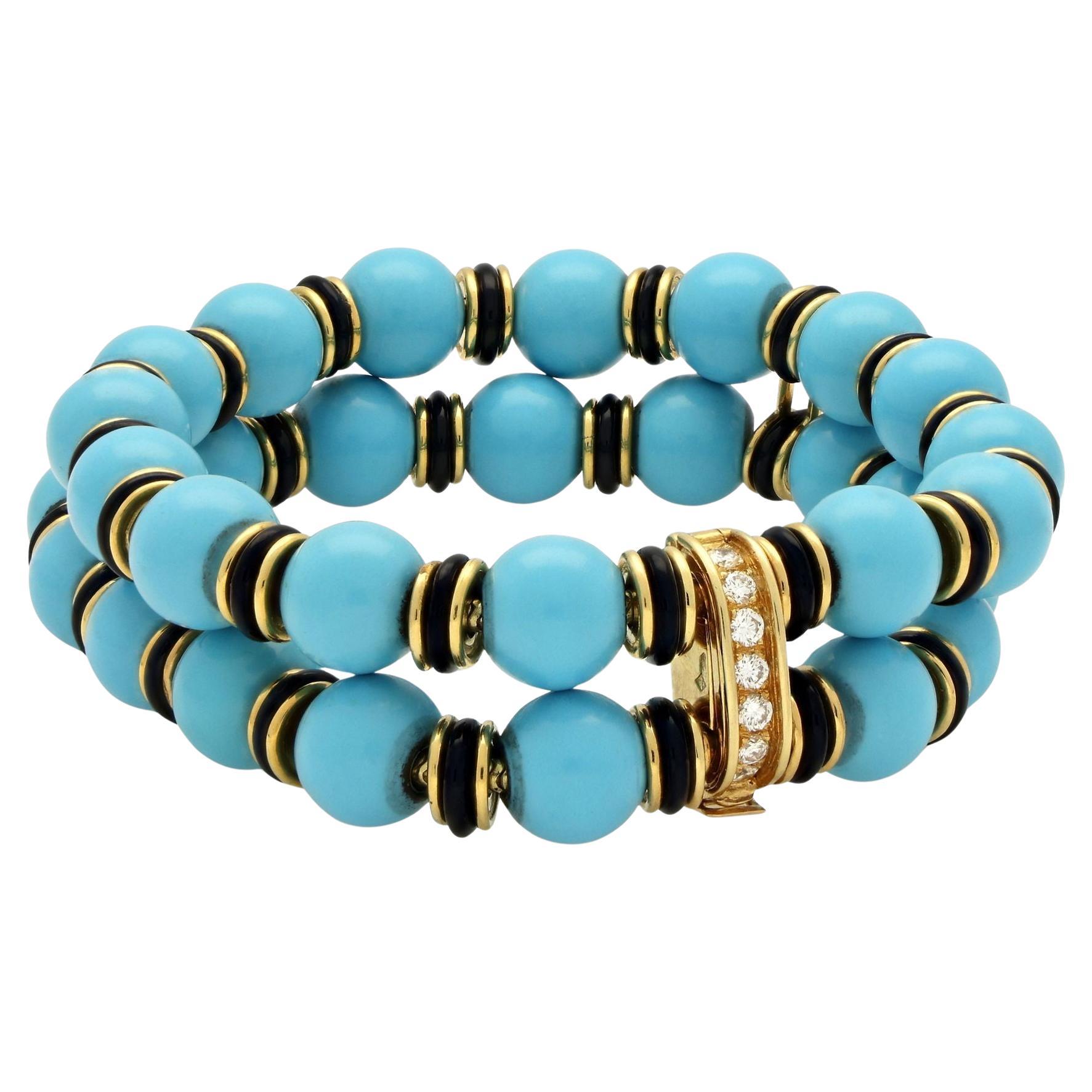 Van Cleef & Arpels Vintage Turquoise, Onyx, Diamond & Gold Bracelet Circa 1965