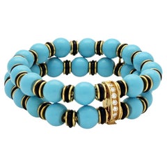 Van Cleef & Arpels Vintage Turquoise, Onyx, Diamond & Gold Bracelet Circa 1965