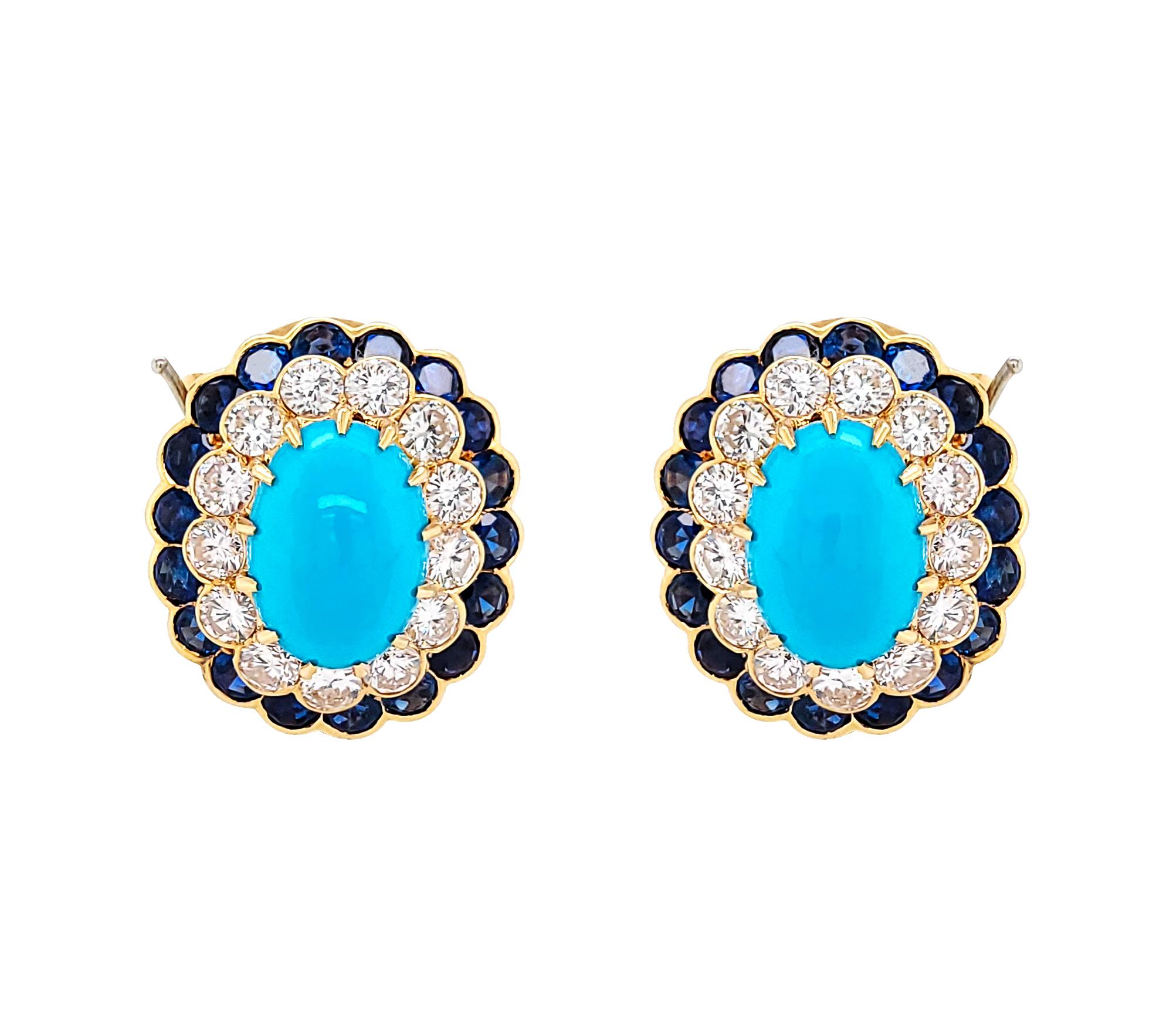 Fabulous ear clips made by Van Cleef & Arpels in 1965. 
The ear clips are convertible and can be worn as drop earrings and ear clips. 
The earrings are featuring four cabochon turquoise stones, round diamonds and sapphires. 
The metal is 18k yellow