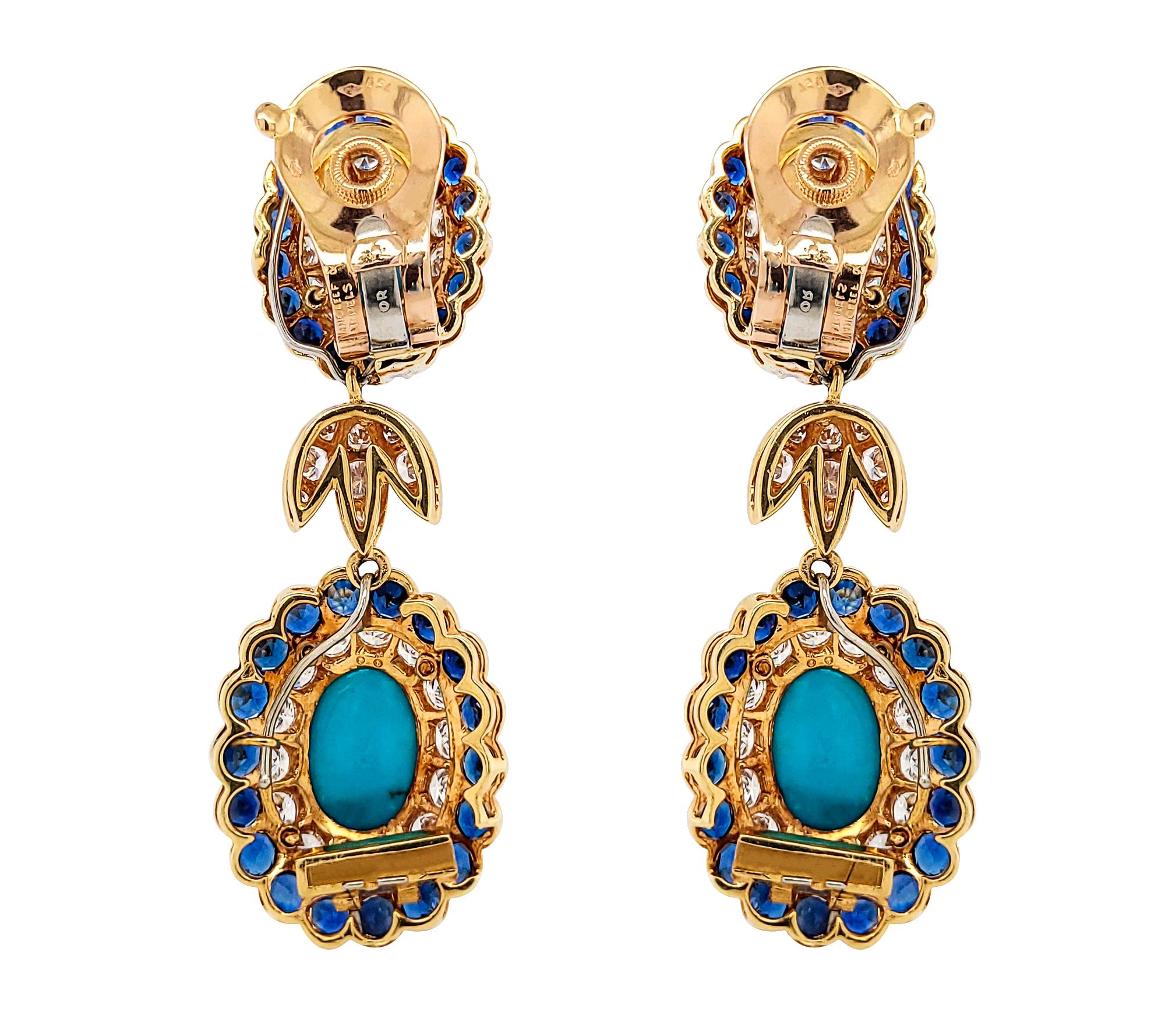 Taille mixte Van Cleef & Arpels Clips d'oreilles vintage en turquoise, saphir et diamant en vente