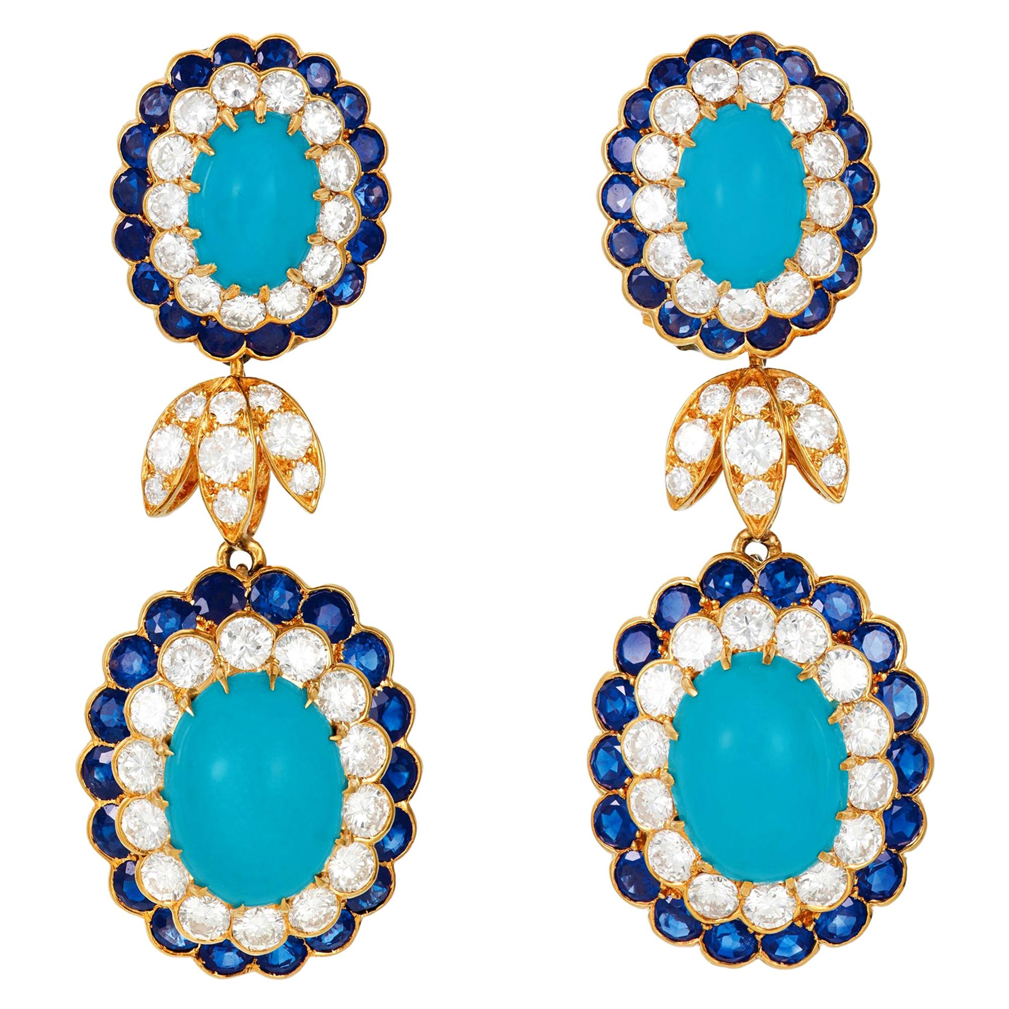 Van Cleef & Arpels Vintage Turquoise Sapphire Diamond Ear Clips For Sale