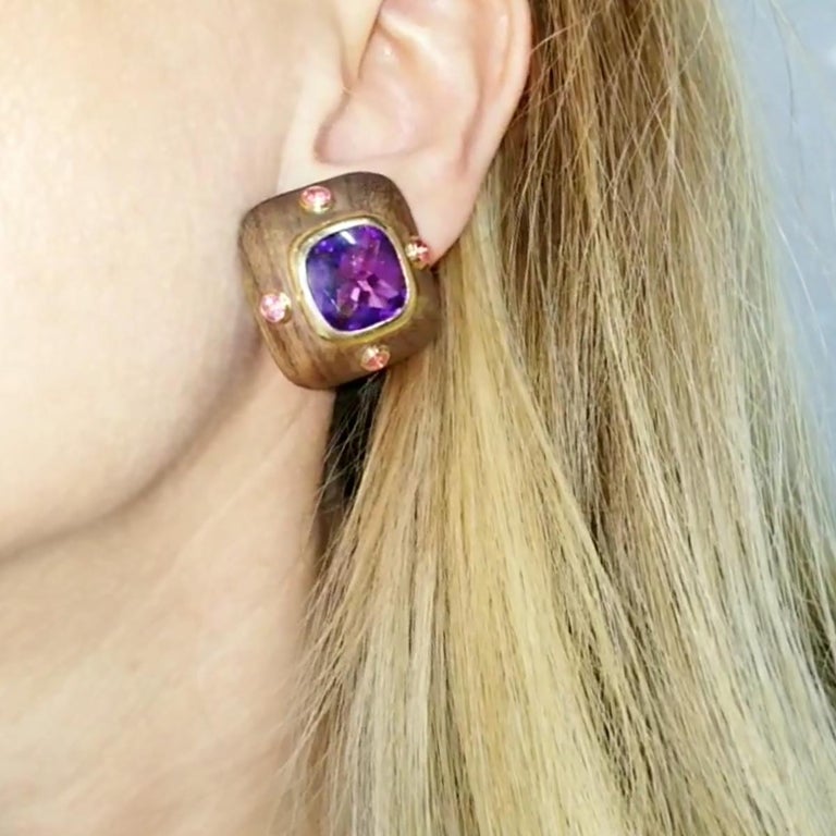 Square Cut Van Cleef & Arpels Vintage Wood and Amethyst Ear Clips For Sale