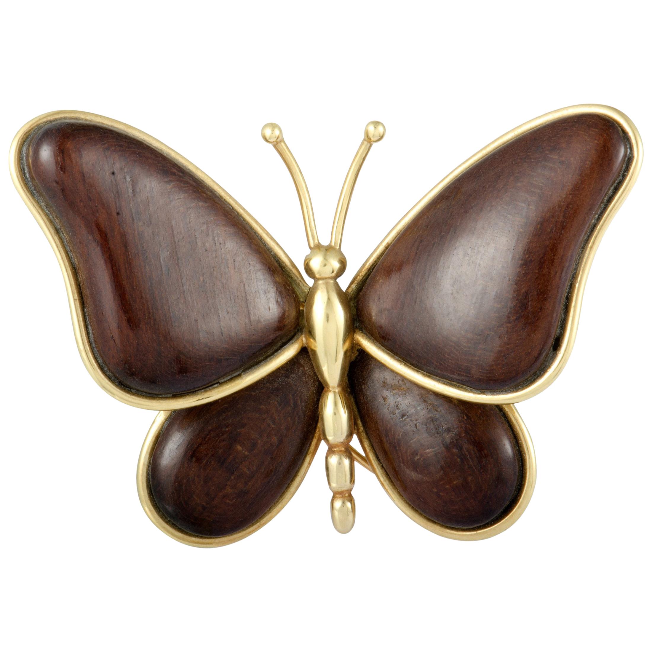 Van Cleef & Arpels Vintage Yellow Gold Wooden Butterfly Brooch