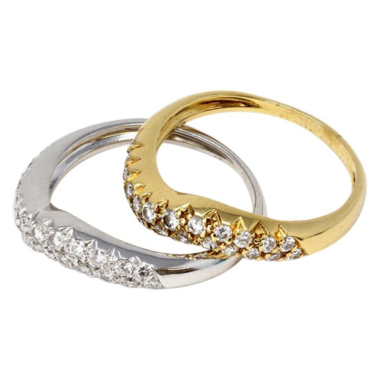 Van Cleef & Arpels White and Yellow 18 Karat Gold Diamond Wave Band Rings For Sale