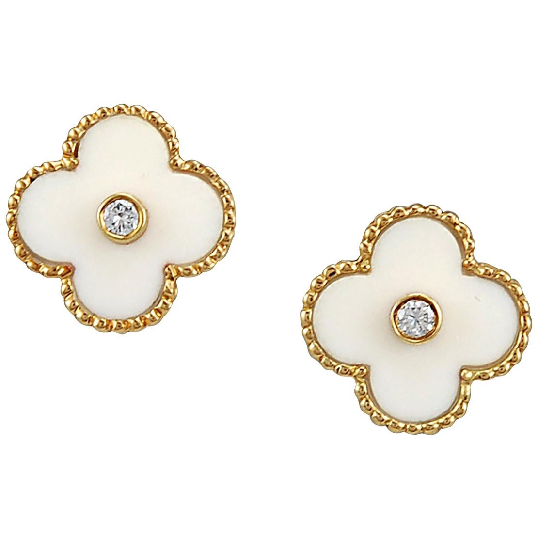 Van Cleef & Arpels White Coral and Diamond Alhambra Earrings