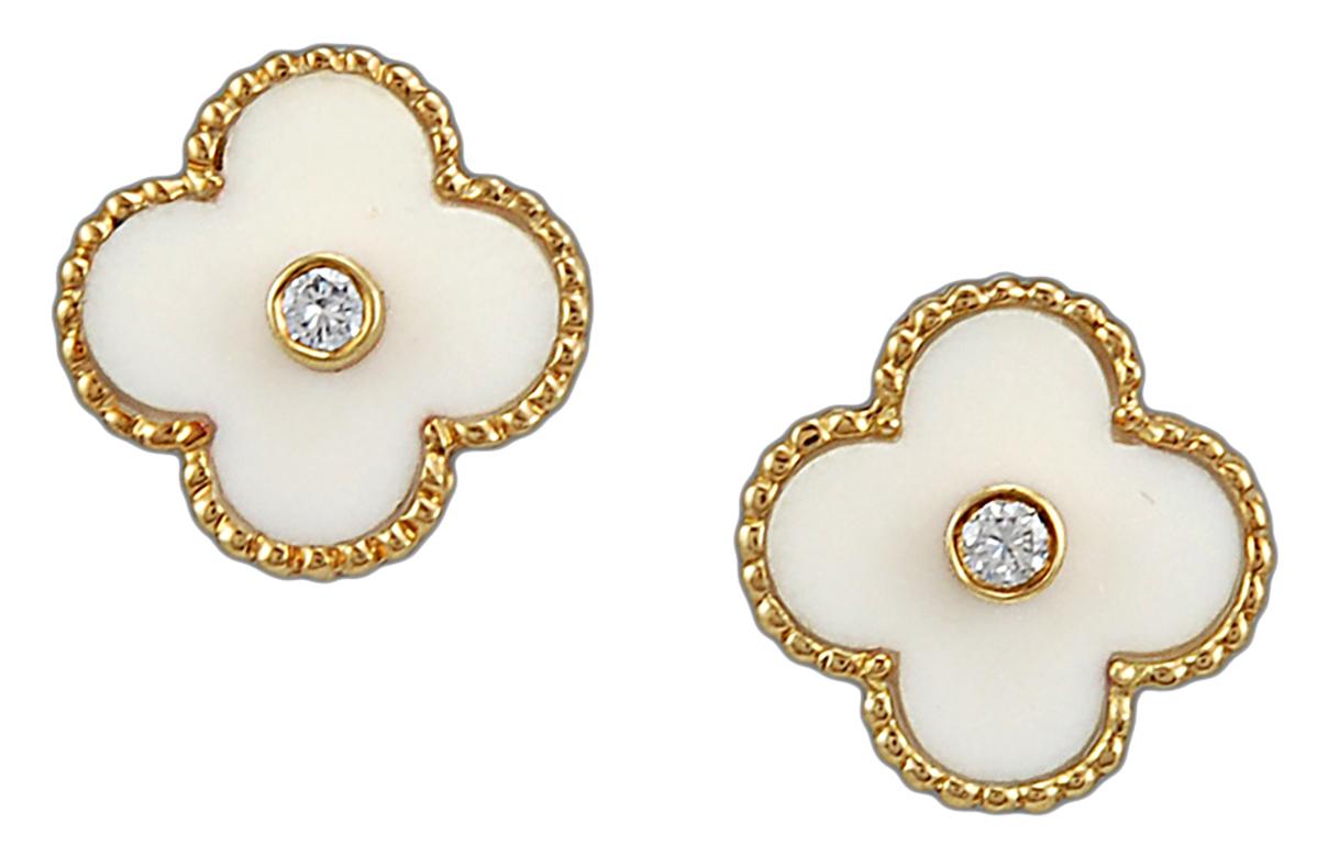 Round Cut Van Cleef & Arpels White Coral and Diamond Alhambra Earrings