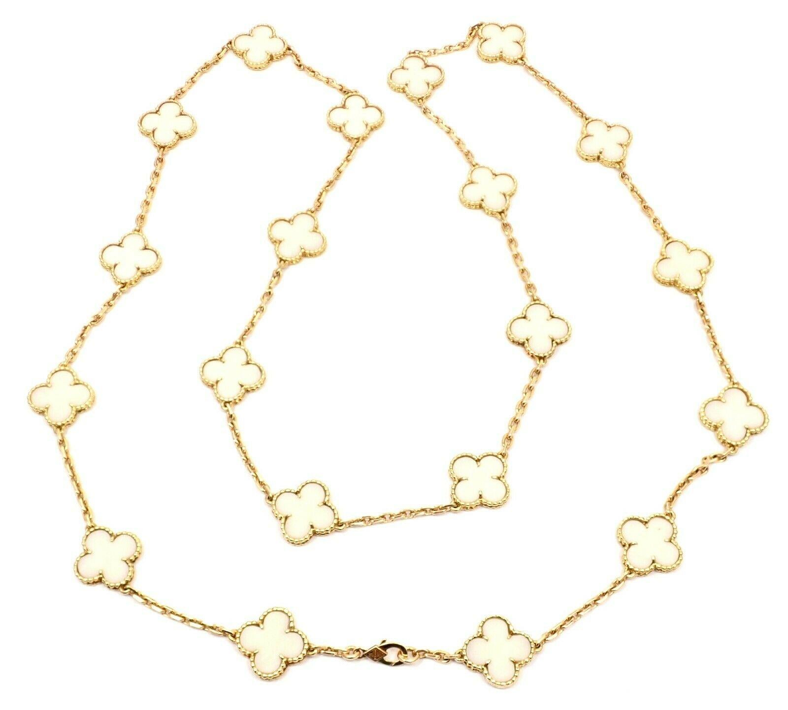 Van Cleef & Arpels Vintage White Coral 20 Motifs Alhambra Yellow Gold Necklace. 
With 20 motifs of white coral alhambra stones 15mm each 
*** This is an extremely rare, early, highly collectible white coral alhambra necklace by Van Cleef &Arpels***