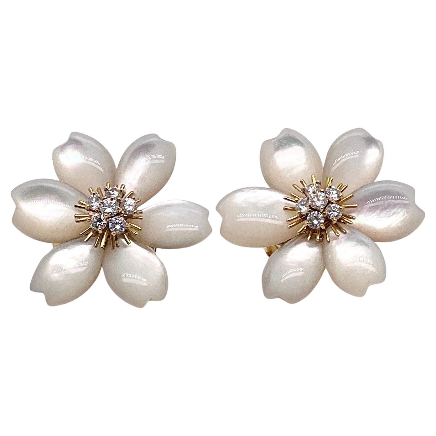Van Cleef & Arpels Mother of Pearl, Gold and Diamond Flower Earrings