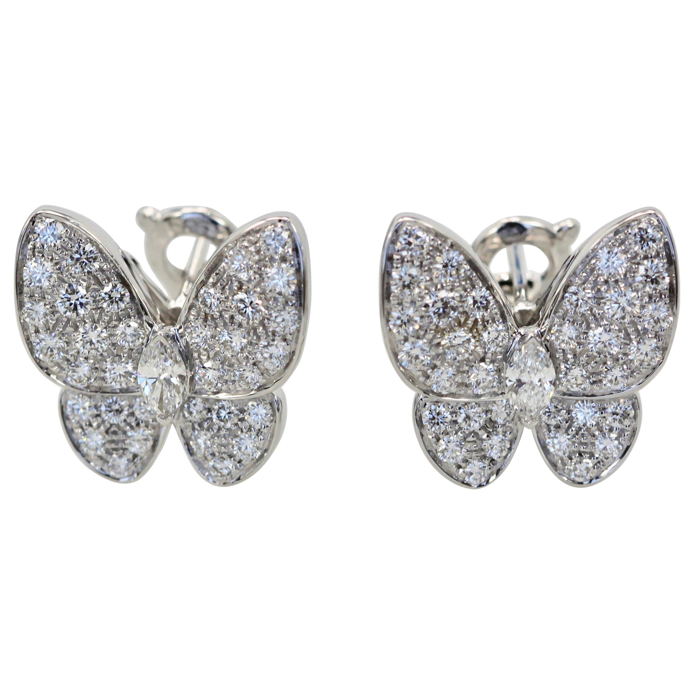 Van Cleef & Arpels White Diamond Butterfly Earrings 18 Karat White Gold