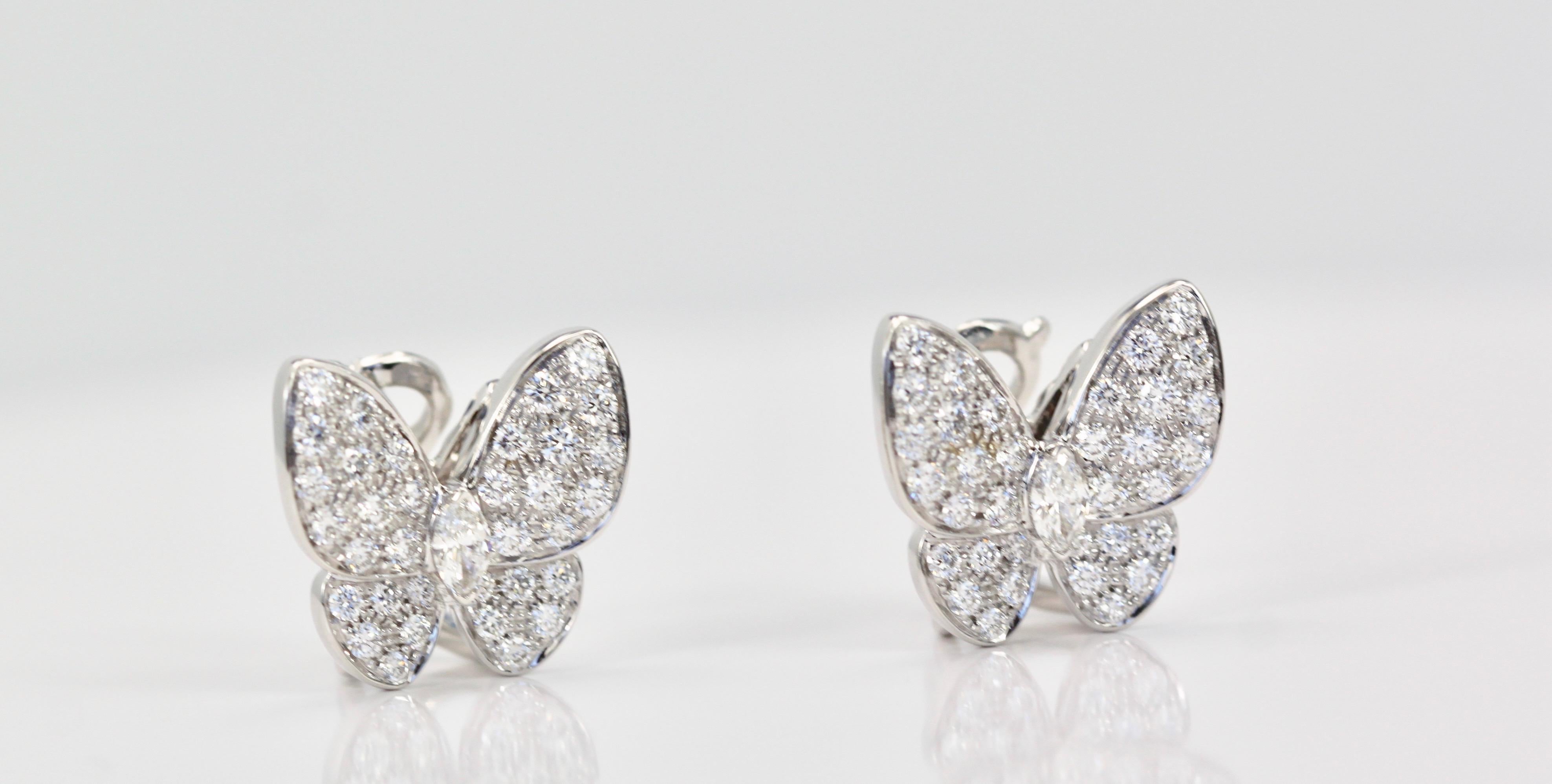 Round Cut Van Cleef & Arpels White Diamond Butterfly Earrings 18 Karat White Gold