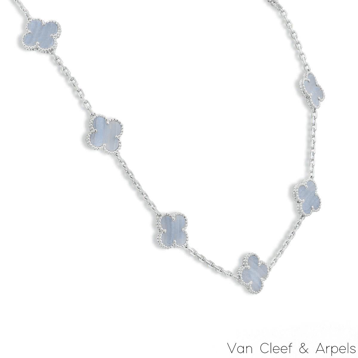 A beautiful 18k white gold chalcedony necklace by Van Cleef & Arpels from the Vintage Alhambra collection. The necklace has 10 motifs, each set with a chalcedony inlay and complemented by a beaded outer edge. The necklace measures 16.5 inches in