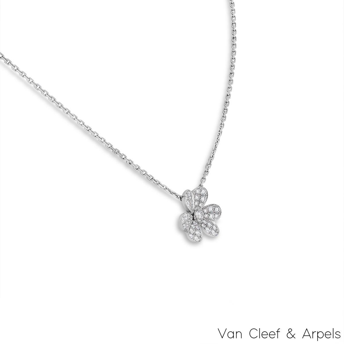 A gorgeous 18k white gold diamond pendant by Van Cleef & Arpels from the Frivole collection. The pendant features three diamond set heart shaped petals with a singular diamond in the centre. The 43 round brilliant cut diamonds have an approximate