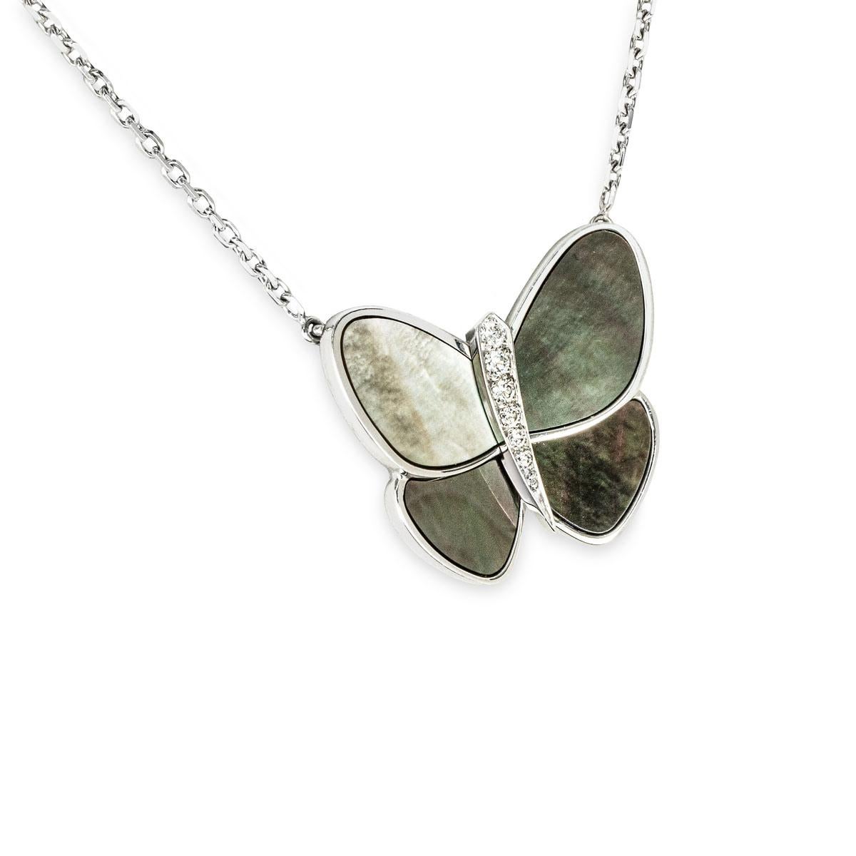 Van Cleef & Arpels White Gold Diamond & Mother of Pearl Two Butterfly Pendant In Excellent Condition For Sale In London, GB