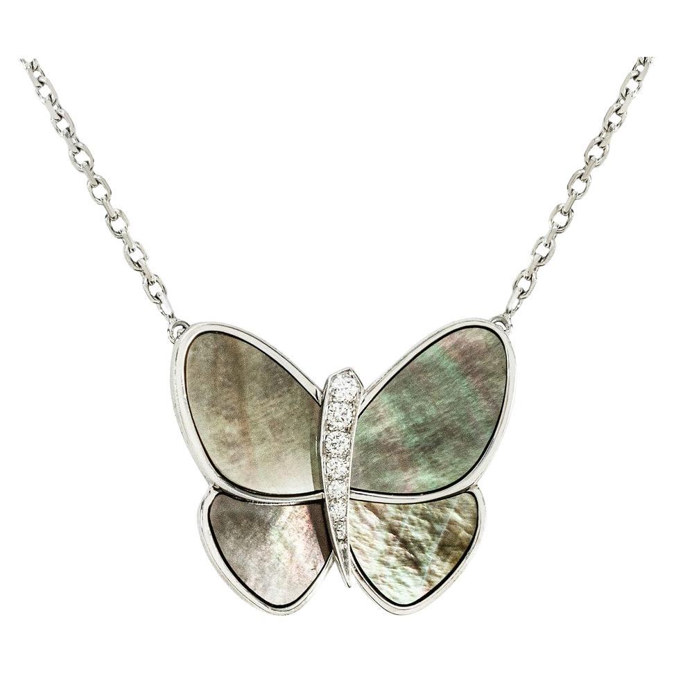 Van Cleef & Arpels White Gold Diamond & Mother of Pearl Two Butterfly Pendant For Sale