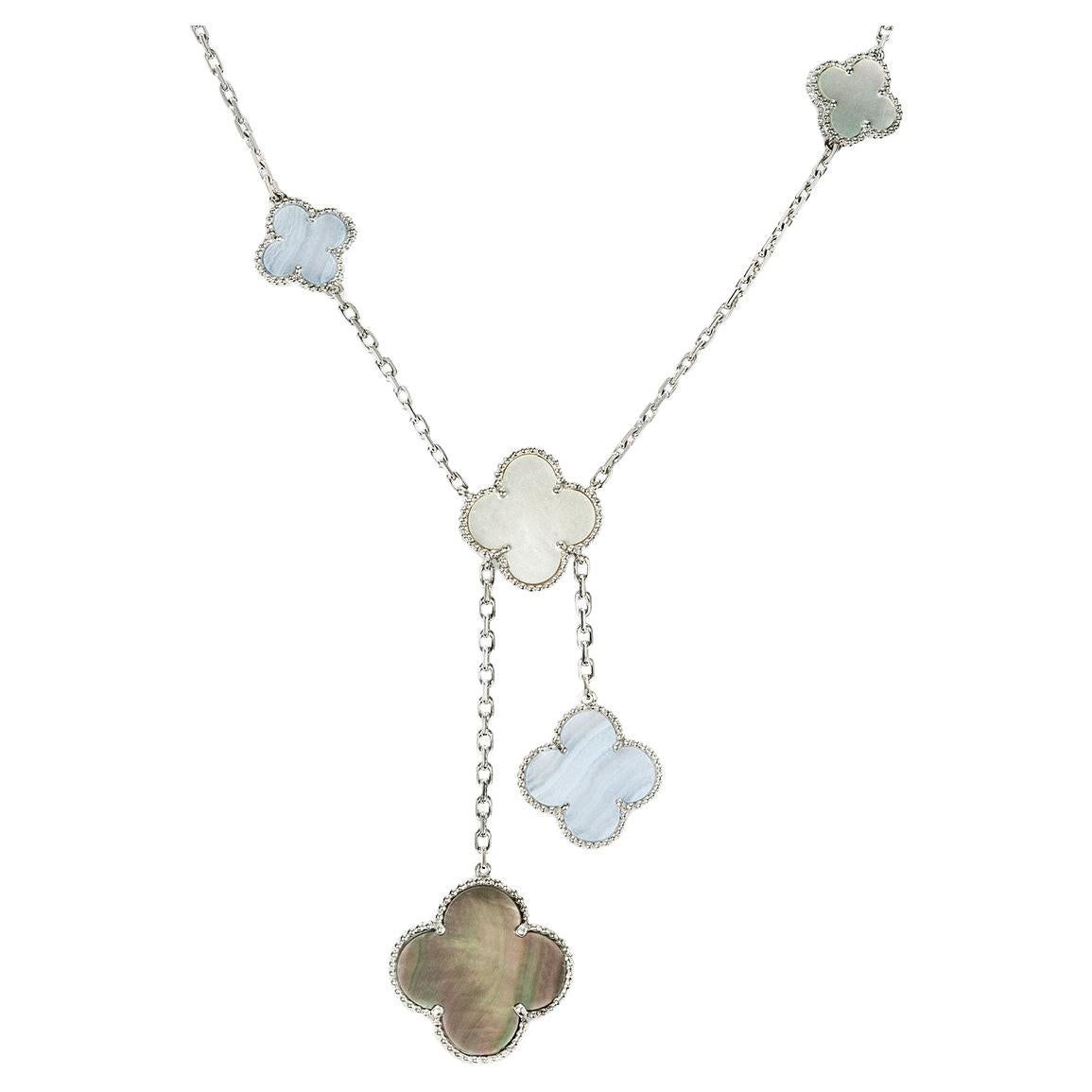 Van Cleef & Arpels White Gold Magic Alhambra 6 Motif Chalcedony Necklace  For Sale